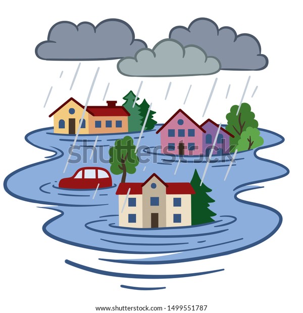 Residential district flooded after rainfall.\
Cottages, trees and car in big puddle with clouds and rain. Natural\
disaster concept. Hand drawn\
illustration