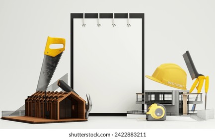 A residential house with tools an architect's. Housing project with carpentry equipment, safety helmet, saw and hammer, with a model house. concept of building or renovating a house. 3d rendering - Powered by Shutterstock