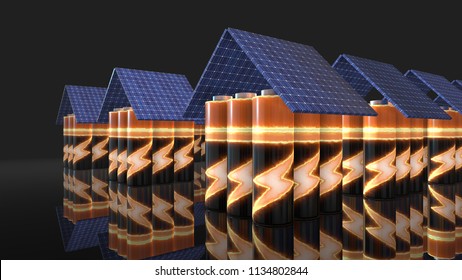 Residential Housing Comminity Suburb  Powered By Photovoltaic Solar Panel With Battery Storage For Green Clean Renewable Energy  3D Render Graphic