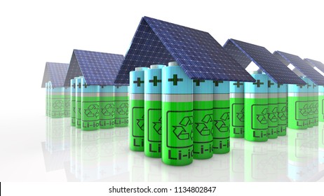 Residential Housing Comminity Suburb  Powered By Photovoltaic Solar Panel With Battery Storage For Green Clean Renewable Energy 3D Render Graphic