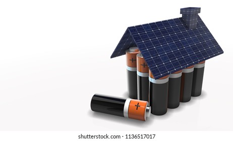 Residential Housing Powered By Photovoltaic Solar Panel With Battery Storage For Green Clean Renewable Energy 3D Render Graphic