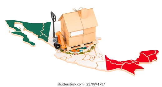 Residential Moving Service In Mexico, Concept. Hydraulic Hand Pallet Truck With Cardboard House Parcel On Mexican Map, 3D Rendering Isolated On White Background