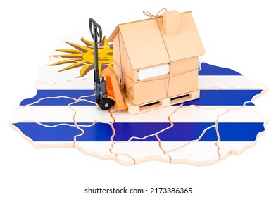 Residential moving service in Uruguay, concept. Hydraulic hand pallet truck with cardboard house parcel on Uruguayan map, 3D rendering isolated on white background