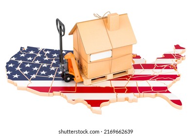 Residential Moving Service In The USA, Concept. Hydraulic Hand Pallet Truck With Cardboard House Parcel On The United States Map, 3D Rendering Isolated On White Background