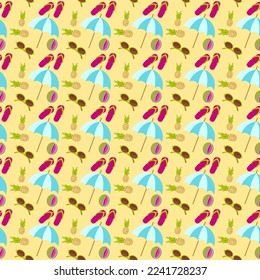 Resort beach seamless pattern on a yellow sand background with umbrella, flip flops, sun glasses, pineapple and watermelon 2
