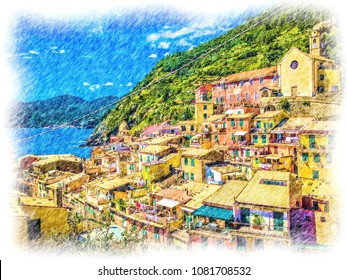 Resort town view  Vernazza in Italy  Colored pencil drawing artwork and white artistic frame  Sketch isolated fine art  Creative print for canvas textile  Wallpaper  poster postcard design 