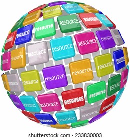 Resource Word On Tiles In A Globe Or Sphere To Illustrate Access To Skills, Knowledge And Information In A Library Or Database Collection Needed For A Job Or Task