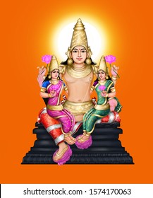A resplendent, golden-hued, Lord Surya (Soorya Bhagwan), one of the Navagrahas (9 planets) in Hindu astrology with his wives seated on his lap, in an abstract background. Gold is the color of Surya 