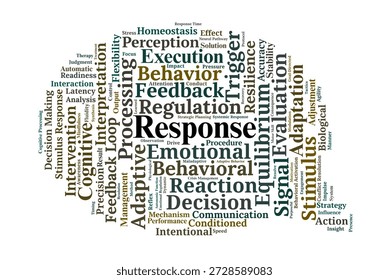 Response Word Cloud. A Professional Visual Overview of Stimulus-Response Theory, Behavioral Output, and Cognitive Regulation. Explores Systematic Actions and Adaptive Feedback Loops.