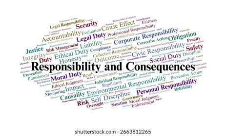 Responsibility And Consequences Word Cloud. Collection Of Key Terms On Accountability, Duty, Ethics, And Outcomes For Decision-Making And Social Governance.
