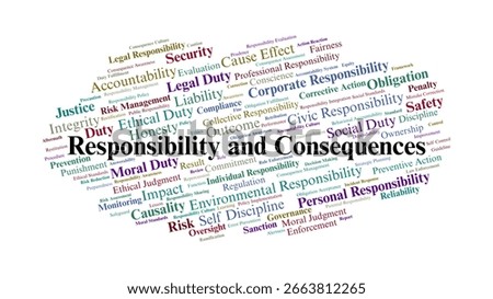 Responsibility And Consequences Word Cloud. Collection Of Key Terms On Accountability, Duty, Ethics, And Outcomes For Decision-Making And Social Governance.