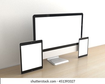 Responsive computer devices on desk isolated blank screen for mockup design advertising. PC display, tablet gadget, minitab or smartphone on table office. Clean white wall background. 3d rendering