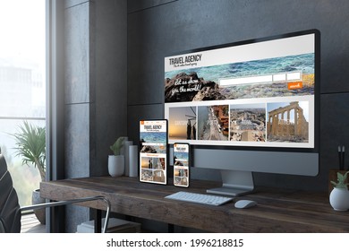 Responsive desktop devices 3d rendering with travel website