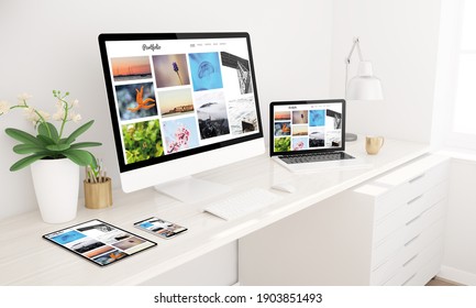 Responsive Devices Mock Up 3d Rendering Showing Portfolio Website Home