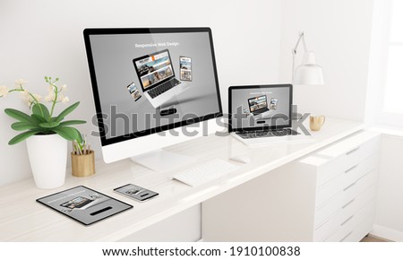Responsive devices mock up 3d rendering showing website home