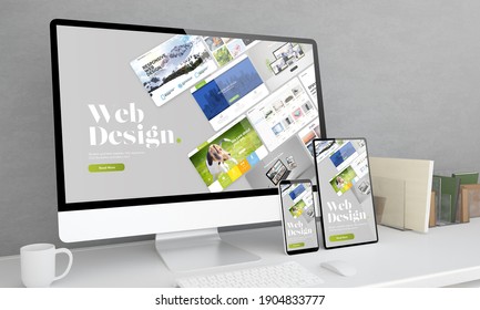 Responsive devices at office desktop 3d rendering with web design