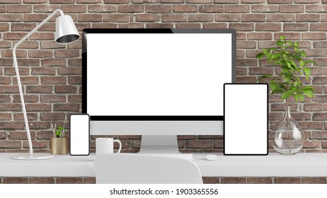 Responsive Devices On Bricks Desktop With White Screen 3d Rendering