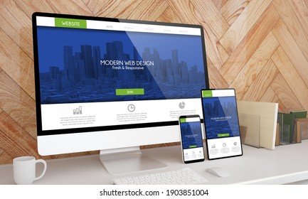 Responsive devices on a desktop showing website design 3d rendering