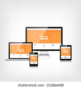 Responsive web design. Adaptive user interface. Digital devises. Laptop, tablet, monitor, smartphone. Web site template concept.
