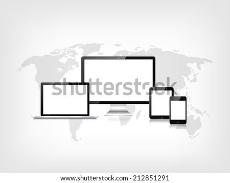 Responsive web design. Adaptive user interface. Digital devises. Laptop, tablet, monitor, smartphone. Web site template concept.