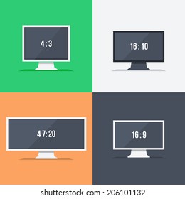 Responsive web design on monitors with different aspect ratio size 4:3 16:10 47:20 16:9 in flat design. Set for web and mobile applications. Raster version
