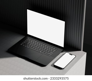 Responsive Web Design and website Mockup, Devices Collection Mockups, Smartphone desktop tablet laptop Mockup template. 3D Rendering.