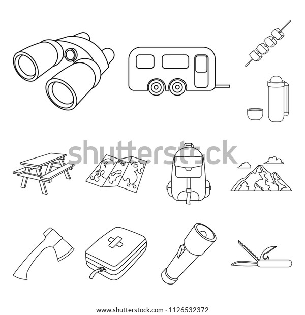 Rest
in the camping outline icons in set collection for design. Camping
and equipment bitmap symbol stock web
illustration.