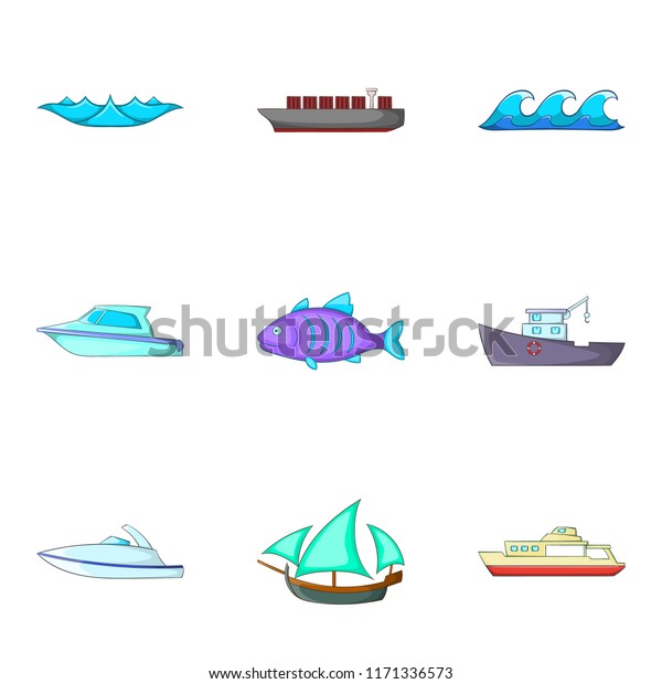 Rest on water icons set.
Cartoon set of 9 rest on water icons for web isolated on white
background