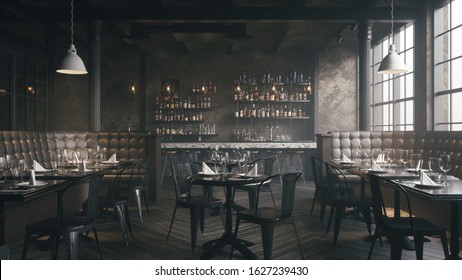 Restaurant Bar. Stylish loft style pub. Bar counter in an empty restaurant