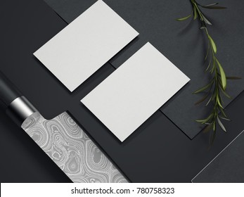 Restaurant Branding Mockup With Chef's Knife. 3d Rendering