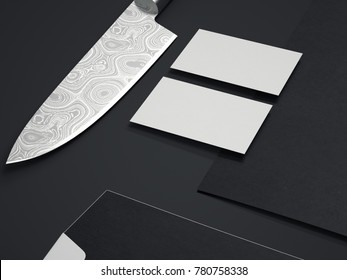 Restaurant Branding Mockup With Kitchen Knife. 3d Rendering