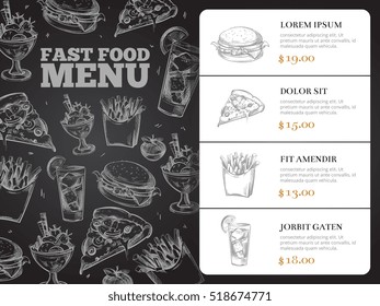 Restaurant brochure menu design with hand-drawn fast food. Burger lunch and breakfast, sandwich and pizza illustration - Powered by Shutterstock