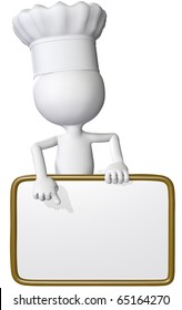 A Restaurant Chef Or Food Cook Points At Copy Space On A Sign As A Menu Or Daily Special List.