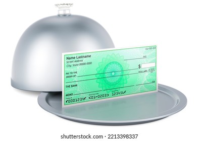 Restaurant Cloche With Blank Bank Check, 3D Rendering Isolated On White Background