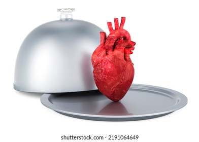 Restaurant Cloche With Human Heart, 3D Rendering Isolated On White Background