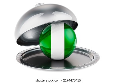 Restaurant Cloche With Nigerian Flag. 3D Rendering Isolated On White Background