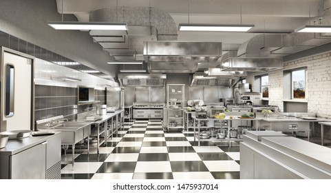 Restaurantausstattung. Moderne Industrieküche. 3D-Illustration