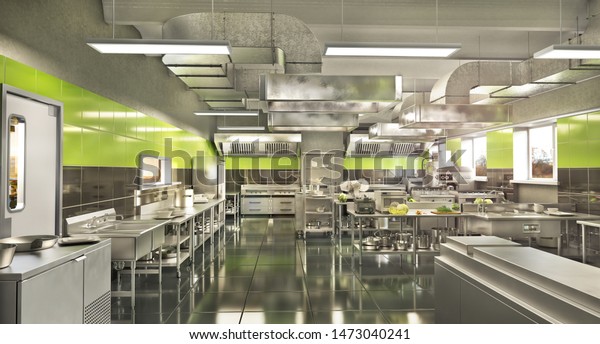 Restaurant equipment. Modern industrial\
kitchen. 3d\
illustration