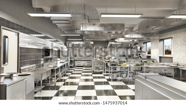 Restaurant equipment. Modern industrial\
kitchen. 3d\
illustration