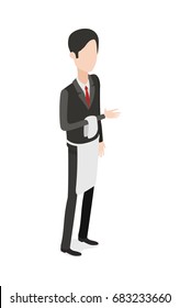 Restaurant. Full Length Portrait Of Waiter Holding Towel On Bent Arm. Isolated Brunet Man. Hasher Wearing Black Classical Suit And Shoes With Red Tie And Long White Apron On Waist. Flat Design. 