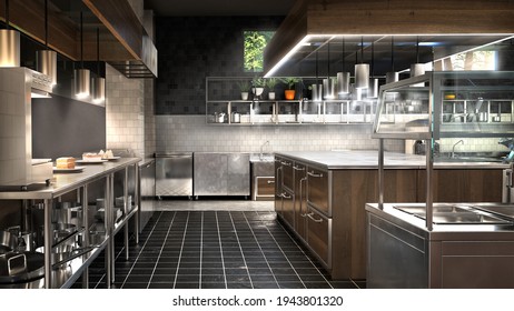 Restaurant Kitchen Interior With Equipment. 3d Illustration