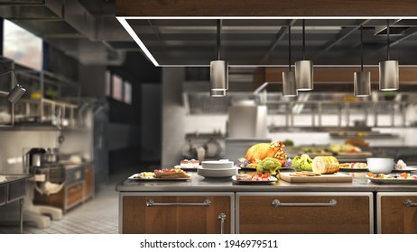 Restaurant Kitchen Interior With Equipment. 3d Illustration