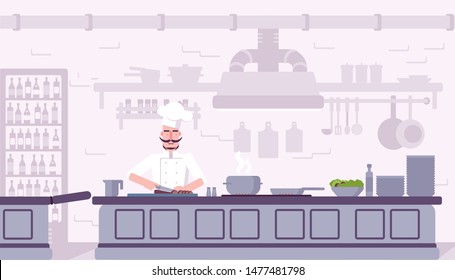 Restaurant kitchen interior illustration. Chef cooking delicious food cartoon character. Culinary workshop flat color drawing. Professional chef cook dinner. Cafe, catering service banner. Raster copy - Powered by Shutterstock