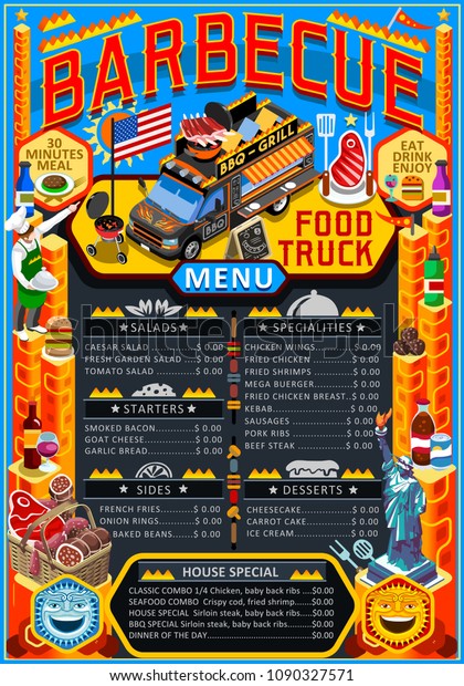 Restaurant\
menu, design for food truck hipster poster. Barbecue food\
restaurant graphic for web page, infographics, menu images. Flat\
illustration isolated on generic\
background.