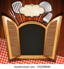 Restaurant Menu On Wooden Window / Wooden Window (inside Black) With Open Shutters, Kitchen Utensils And Empty Label On Wooden Wall With Red And White Tablecloth