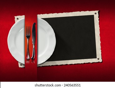 Restaurant Menu with Photo Frame. Empty photo frame with empty white plate and silver cutlery on red velvet background. Template for an elegant restaurant menu - Powered by Shutterstock