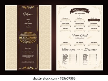 Restaurant menu vintage design with ornate frame and ribbon chef dishes beverages and desserts isolated  illustration - Powered by Shutterstock