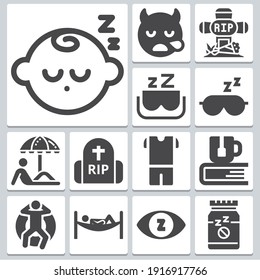 Resting Icons Set   Simple Set Of 13  Includes Tea, Sleeping Baby, Sleep, Pijama, Mask, Christian Cemetery, Relax, Sleeping Mask, Gravestone, Snoring Symbols