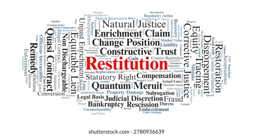 Restitution Word Cloud. A visual summary of legal concepts concerning the restoration of parties to their original positions by stripping defendants of unjust gains and profits.