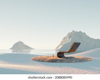Restorative escape concept. Winter arctic surreal place with fluffy carpet and wooden lounge chair. Metaverse champagne romantic relax spa. 3d render
